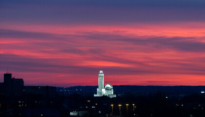 Kaunas our Lord Jesus Christs Resurrection Basilica. With a sunset in horizon. It is the largest...