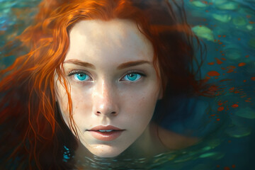 Naklejka premium Fictional character. Young girl with red hair swims in turquoise water.