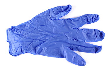 latex surgical blue glove isolated on white, top view