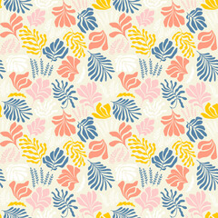 Abstract background with leaves and flowers, Matisse style. Vector seamless pattern with Scandinavian cut out elements.