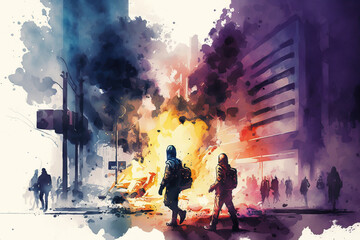 Fototapeta na wymiar Watercolor riots on the street, uproar, city rampage, urban civil unrest disturbance concept illustration, genereative ai