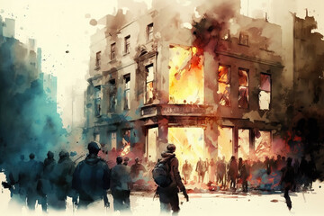 Watercolor riots on the street, uproar, city rampage, urban civil unrest disturbance concept illustration, genereative ai - obrazy, fototapety, plakaty