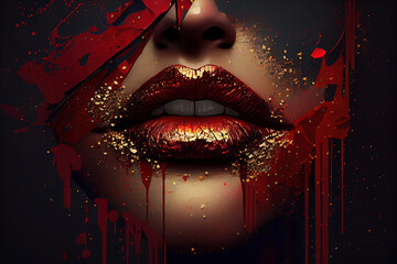 Lips with Colorful Splashes Red and Gold Glossy Colored Lips Background AI Generative   - obrazy, fototapety, plakaty