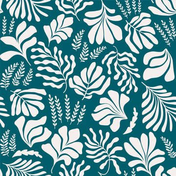 Abstract background with leaves and flowers, Matisse style. Vector seamless pattern with Scandinavian cut out elements. © Oleksandra