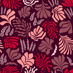 Abstract background with leaves and flowers, Matisse style. Vector seamless pattern with Scandinavian cut out elements.