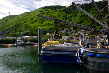 Fishing boats docked in boat harbor at Kodiak, Alaska