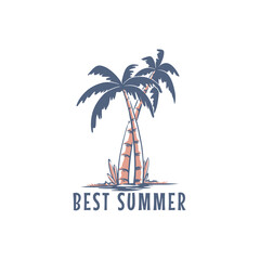 Obraz premium Best summer island minimalist badge line art logo template vector printable illsutration design printing tshirt waves holiday vacation beach sea surfing palm