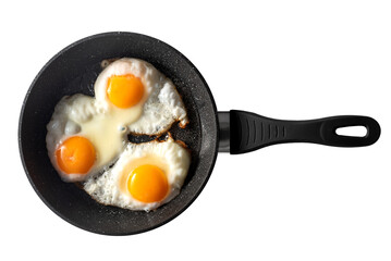 Frying pan with scrambled eggs from 3 eggs on a white background. isolate