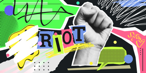Strong fist raised up in halftone shape. Vector collage in contemporary punk grunge style . Modern poster with dotted elements, brush strokes, urban magazine pattern. Concept of human rights fight
