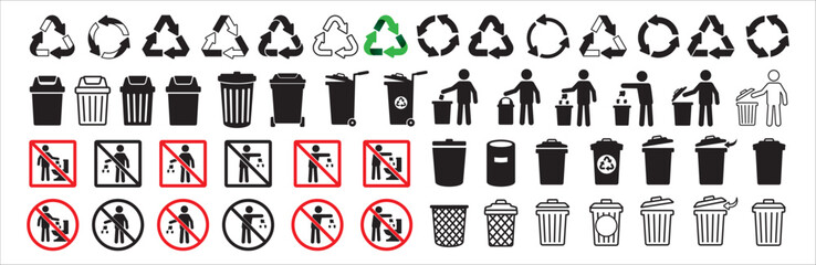 Trash bin icon set. Recycle icons collection. Do not litter in the toilet sign. Littering forbidden signage. Throw the rubbish in the bin sign. Vector sock illustration.