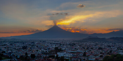 View on th Popocatepetl Volcano during sunset from the ancient pyramid of Cholula, Mexico