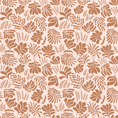 Abstract background with leaves and flowers, Matisse style. Vector seamless pattern with Scandinavian cut out elements.