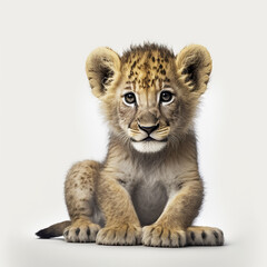 Fototapeta na wymiar Lion cub cute and fluffy in front of white background. Beautiful nature and wildlife. AI Generated Art.