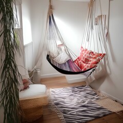 Bright room corner with hammock and striped pillow - generative ai