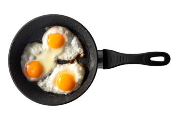 PNG, Black frying pan with 3-egg scrambled eggs