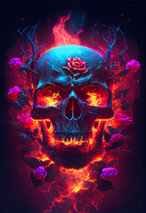 Mexican colorfull skull in flames. De La Muerte. Mexican Tradition. AI Generated Art.