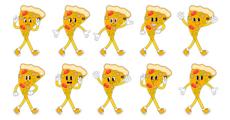 A Set of pizza cartoon groovy stickers with funny comic characters, gloved hands. Modern illustration with legs and arms.