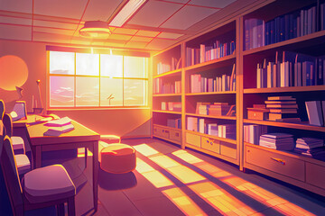 anime sun shining through library window. Generative AI