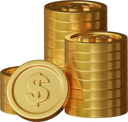 Stack of gold dollar coin currency market financial or investment money banking treasure wealth cash and golden dollar pile economy with business earnings profit sign. 3D render