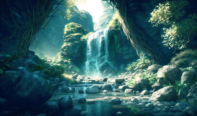 Beautiful waterfall surrounded by mossy rocks and dense vegetation