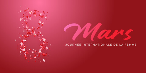 carte ou bandeau pour la journée internationale de la femme le 8 mars de couleur rose en dégradé sur un fond rose aussi en dégradé et le chiffre 8  composé de pétales rose clair et foncé