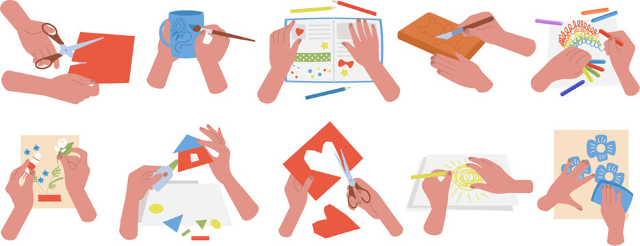 Kids creative workshop, hands create painting, embroidery or diy. Textile and paper art, handmade child activities decent vector collection