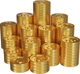 Stack of gold dollar coin currency market financial or investment money banking treasure wealth cash and golden dollar pile economy with business earnings profit sign. 3D render