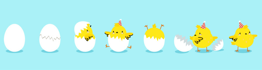 Chick hatching process, yellow chicken in eggs. Cute cartoon bird hatch egg and growth chickens. Scratch eggshell, nowaday newborn birthday vector concept