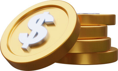 Stack of gold dollar coin currency market financial or investment money banking treasure wealth cash and golden dollar pile economy with business earnings profit sign. 3D render