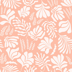 Abstract background with leaves and flowers, Matisse style. Vector seamless pattern with Scandinavian cut out elements.