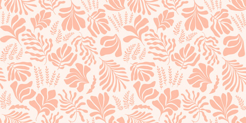 Abstract background with leaves and flowers, Matisse style. Vector seamless pattern with Scandinavian cut out elements.