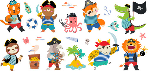 Fototapeta premium Pirates cartoon characters, happy animal in pirate costume. Isolated cute animals, fun captain, island and chest with treasure. Nowaday sailor vector set