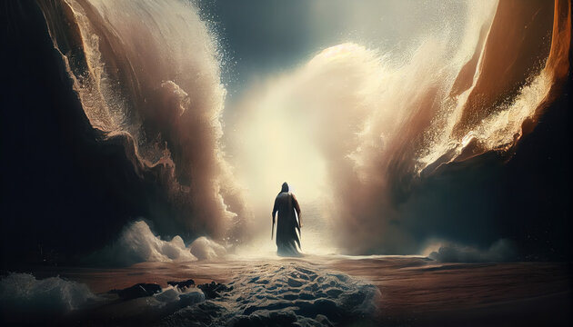 Moses parting the red sea, old testament, dramatic religions illustration