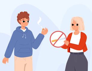 Stop smoking, smoker and anti cigarettes teeneger. Healthy or unhealthy lifestyle. Tobacco drugs addiction, world antitobacco day snugly vector scene