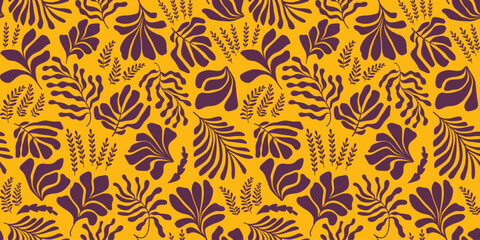 Abstract background with leaves and flowers, Matisse style. Vector seamless pattern with Scandinavian cut out elements.