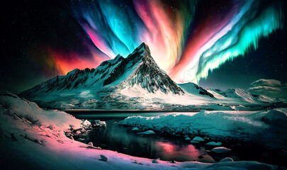 Fototapeta na wymiar Polar aurora illuminating frosty mountain scenery