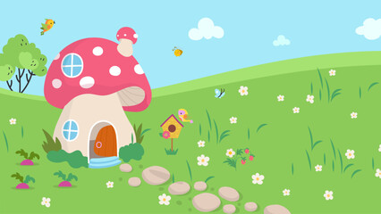Fairytale mushroom house on green floral meadow. Magic tale location, cartoon landscape with bird, tiny dwarf home and stone path, vector scene