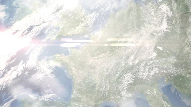Earth zoom in from outer space to city. Zooming on Bobigny, France. The animation continues by zoom out through clouds and atmosphere into space. Images from NASA