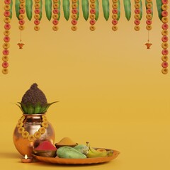 3d render ugadi, Kalash and traditional food pachadi with all flavors for Indian New Year festival Ugadi (Gudi Padwa, Yugadi) in yellow Background