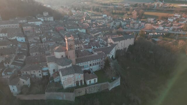 Italy, February 2023: aerial view of the medieval village of Pergola in the province of Pesaro Urbino in the Marche region