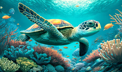 A sea turtle glides over a vibrant coral reef in this lively illustration