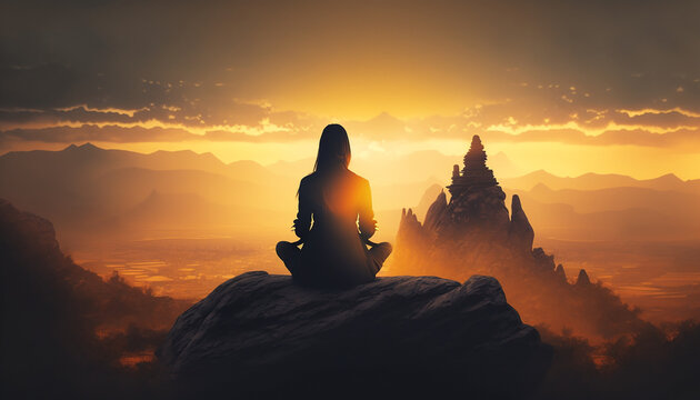 Silhouette of a woman sitting on a rock meditating with an amazing view. Positive mindset, wellbeing and hope concept.
