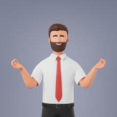Bearded cartoon character businessman white shirt meditating and keep calm isolated over gray background.