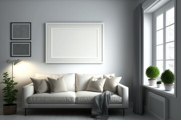 Interior of cosy living room with sofa and empty poster frame - Generated by Generative AI