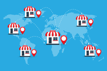 franchise business store shop in the world. investment expand with location world map. open new branch shop. vector illustration flat design.