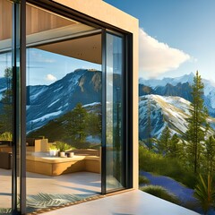 Glass-walled modern house with a stunning mountain view2, Generative AI