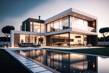 Modern two storey house with impressive garden and pool. Sunset light. 3D rendering. Generative AI