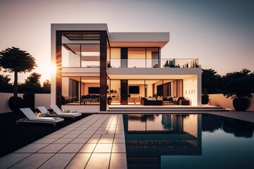 Modern two storey house with impressive garden and pool. Sunset light. 3D rendering. Generative AI