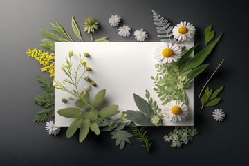 Blank paper sheet card with mockup copy space on green leaves and wildflower mix, flat lay, top view. Business brand, social media, blog template, minimal aesthetic background. Generative AI. 