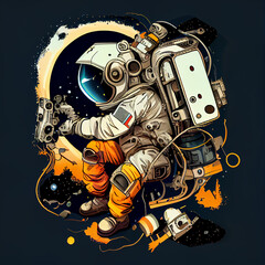 illustration of an astronaut fixing spaceship, for graphic element/sticker/t shirt design ideas.Generative AI Technology